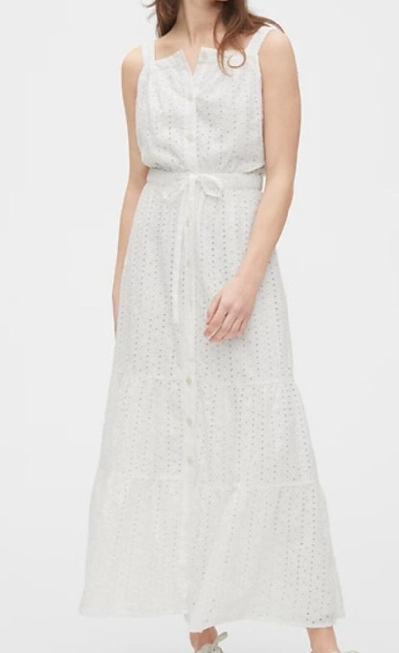 GAP Women's Maxi Multi tier Sun Dress 8 Tall White Apron Sundress Eyelet Cotton
